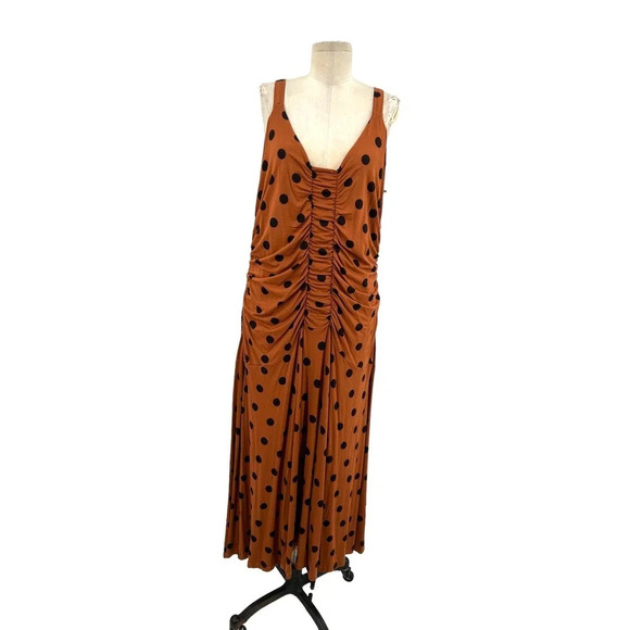 Anthropologie Maeve Midi Dress Ruched Polka Dot Jersey Brown Black Plus Size 1X - Picture 2 of 16